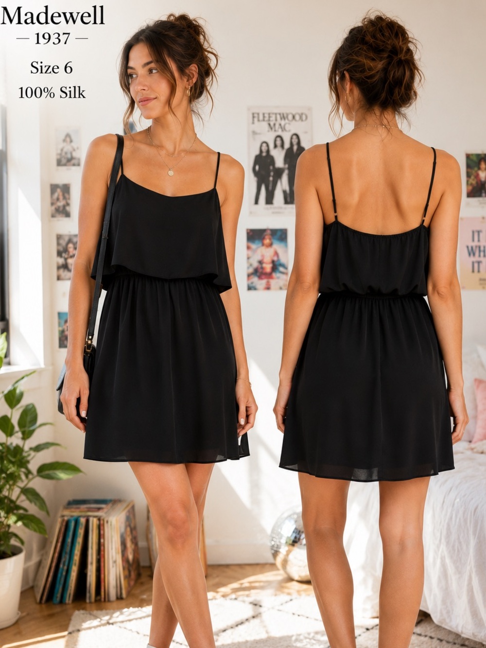 Madewell Black 100% Silk Flounce Cami Dress 6 Mini Cocktail Spaghetti Strap LBD
